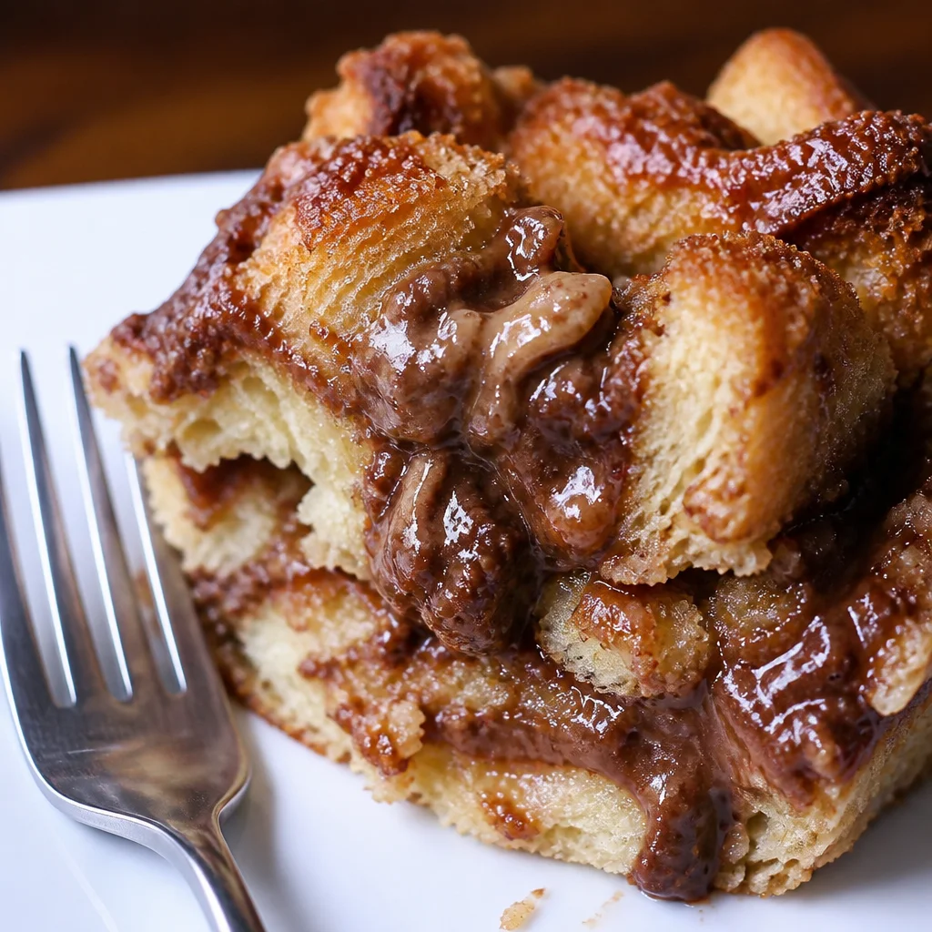Delicious Overnight Biscoff French Toast Casserole topped with chocolate and caramel