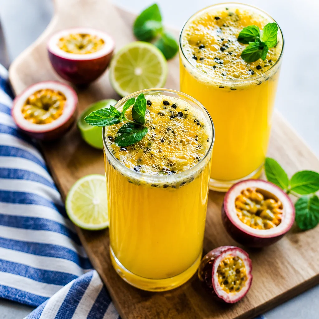 Refreshing Passion Fruit Mojito cocktail garnished with mint and lime.