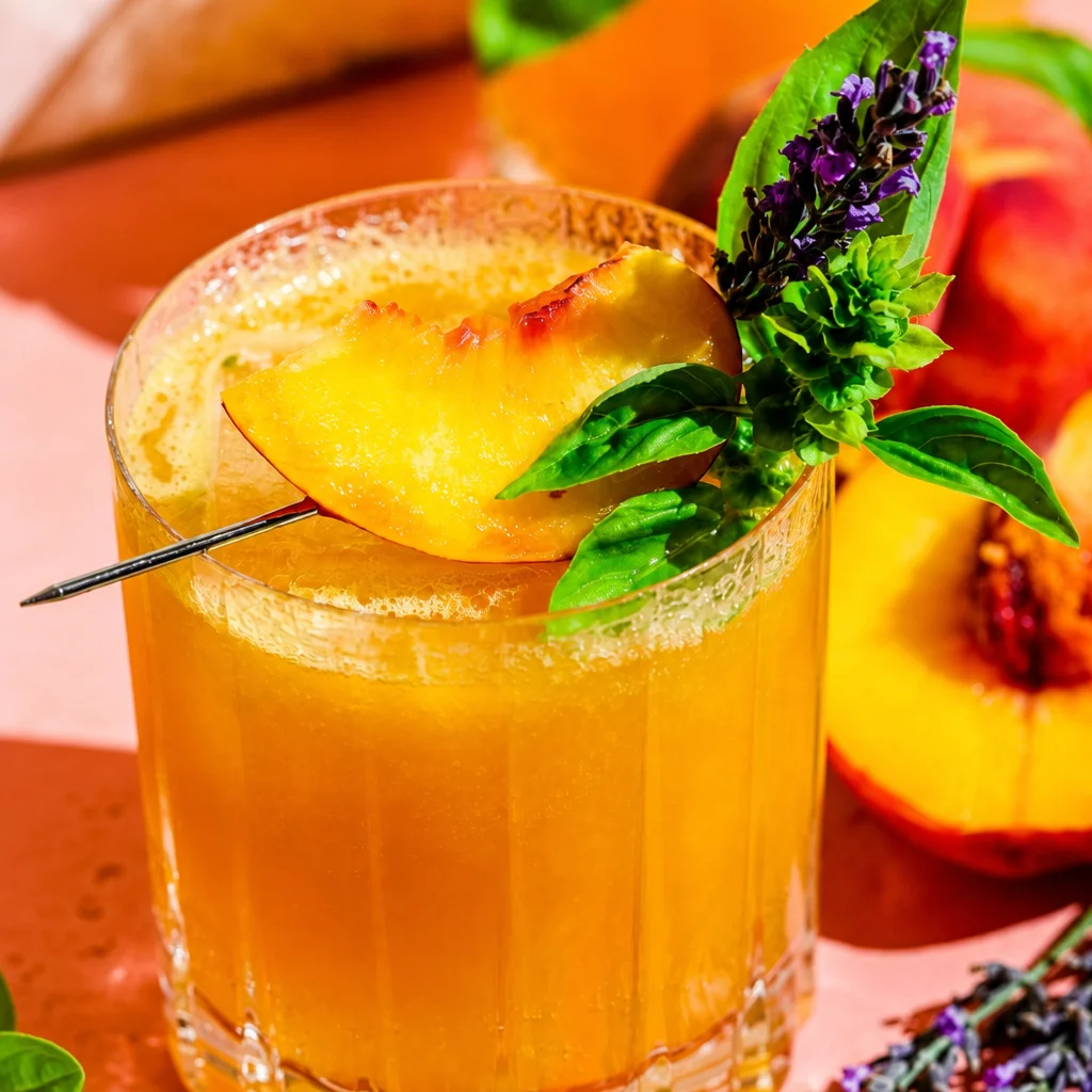 Peach Bourbon Smash Cocktail with fresh peaches and mint garnish.