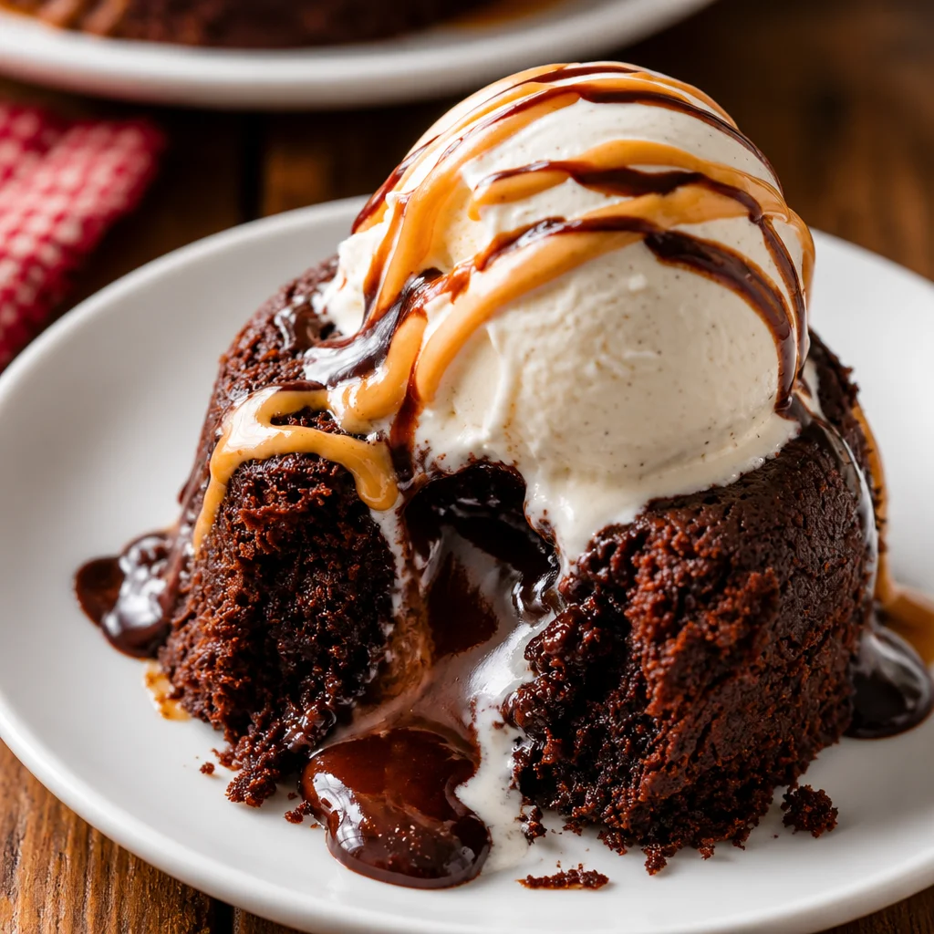 Delicious Peanut Butter Cup Lava Cake with molten chocolate and peanut butter center.