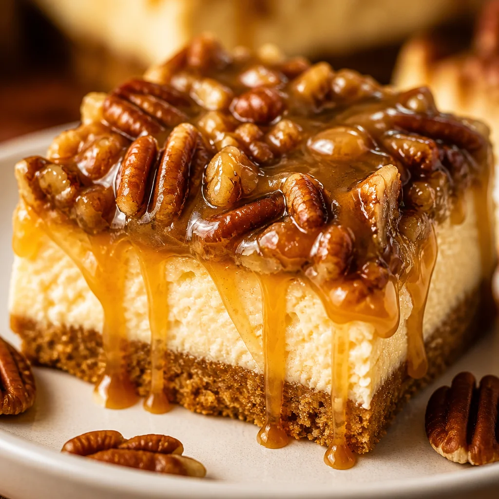 Delicious Pecan Pie Cheesecake Bars with buttery crust and gooey pecan topping.