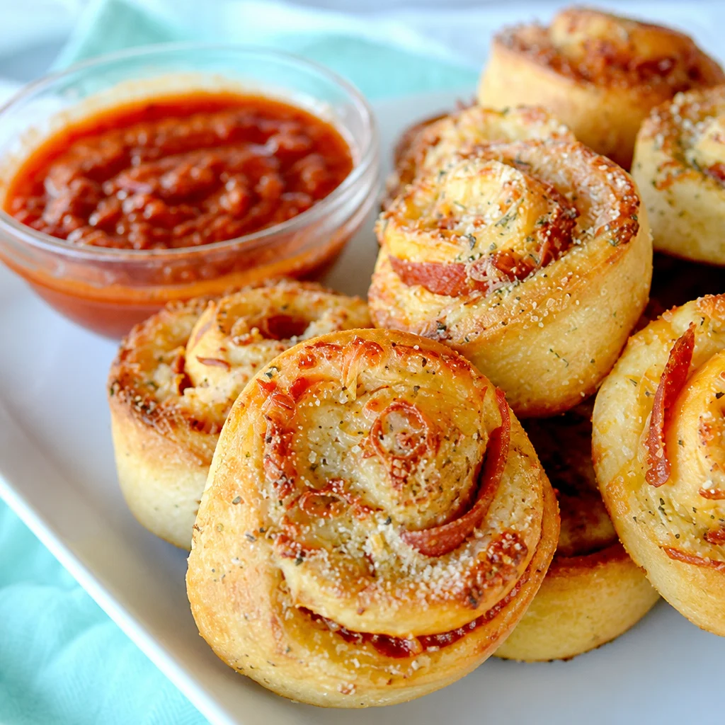 Delicious Easy Pepperoni Pizza Roll-Ups baked to golden perfection with cheese.