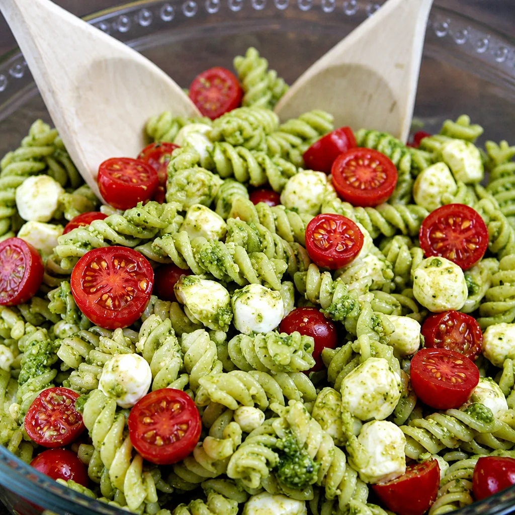Delicious Pesto Pasta Salad with Mozzarella and cherry tomatoes in a bowl.