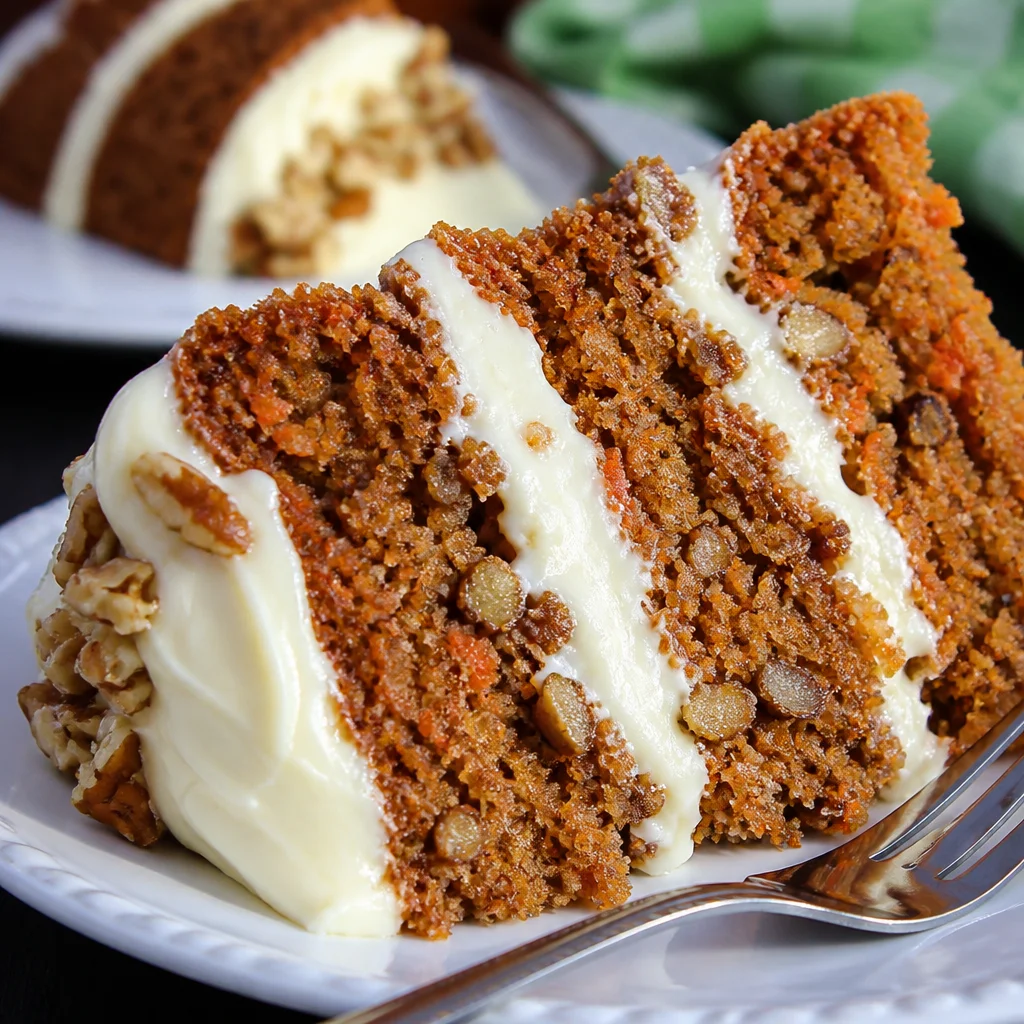Delicious Pineapple Carrot Cake topped with cream cheese frosting and sprinkled with nuts.