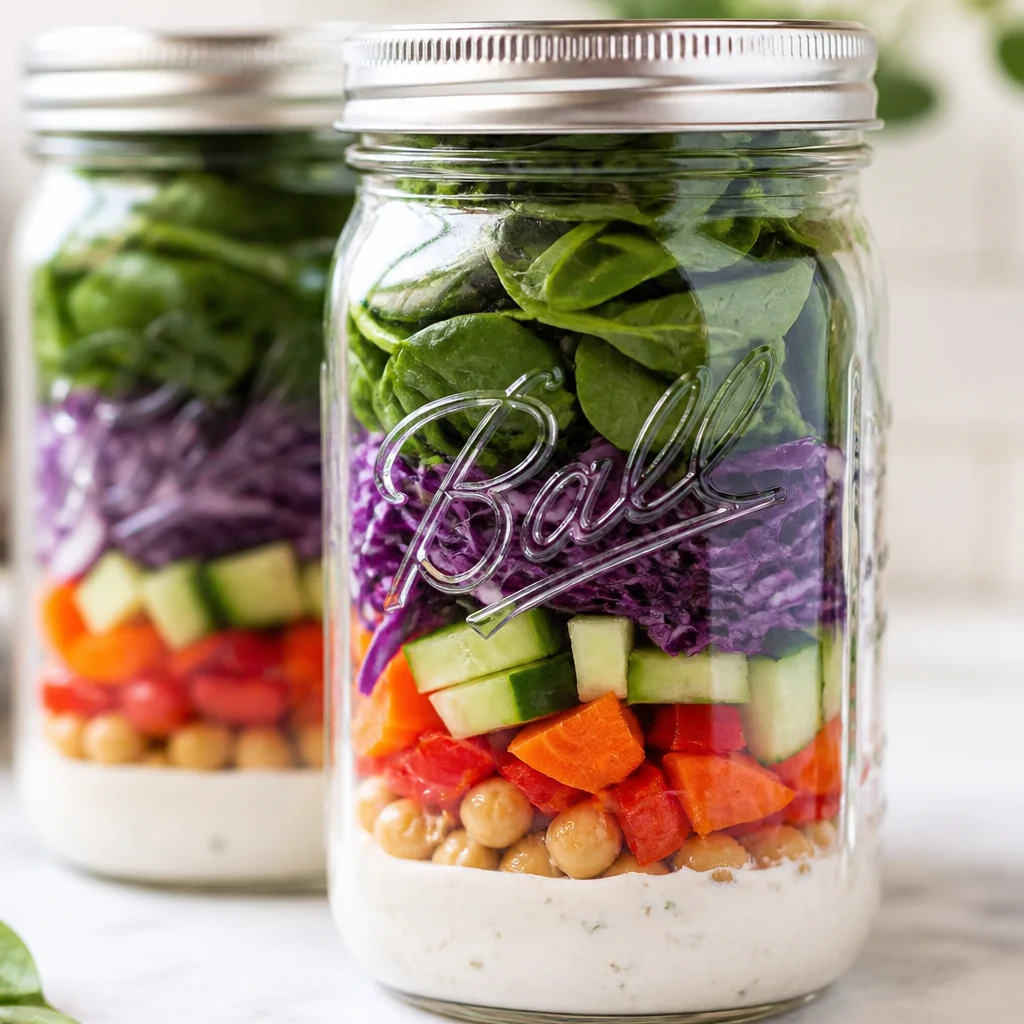 Rainbow Veggie Mason Jar Salad filled with colorful vegetables and greens.