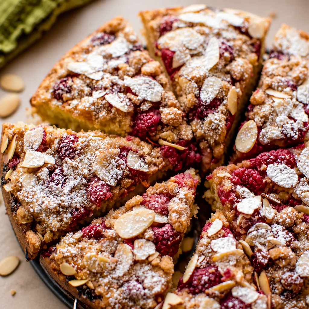 Slice of Raspberry Almond Cake topped with almond flakes and fresh raspberries
