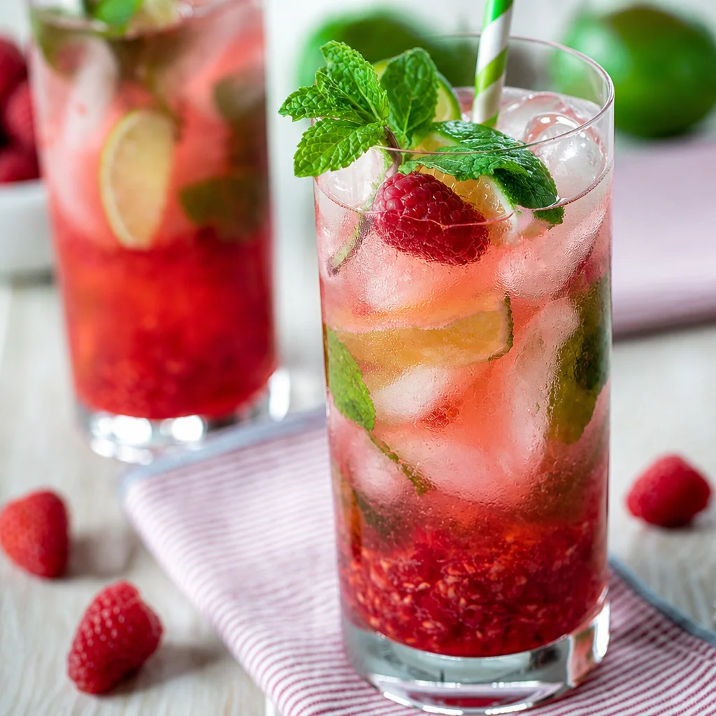 Refreshing Raspberry Mint Mojito cocktail with fresh raspberries and mint leaves.