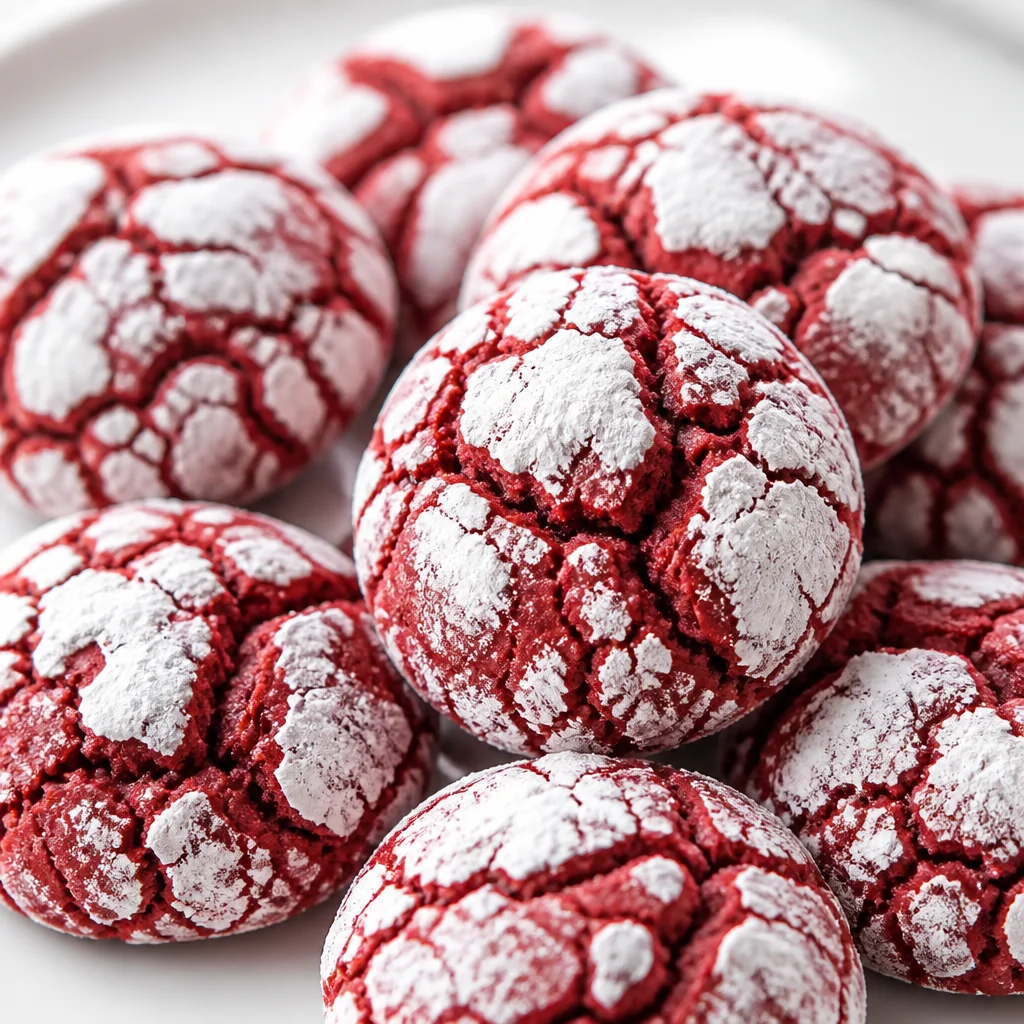 Fudgy Red Velvet Crinkle Cookies dusted with powdered sugar on a baking sheet.