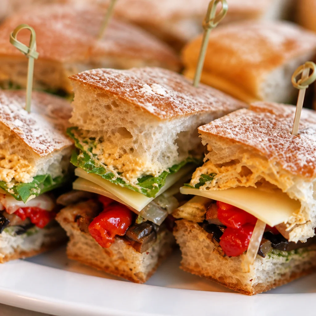 Delicious Roasted Veggie and Hummus Sandwich topped with colorful vegetables.