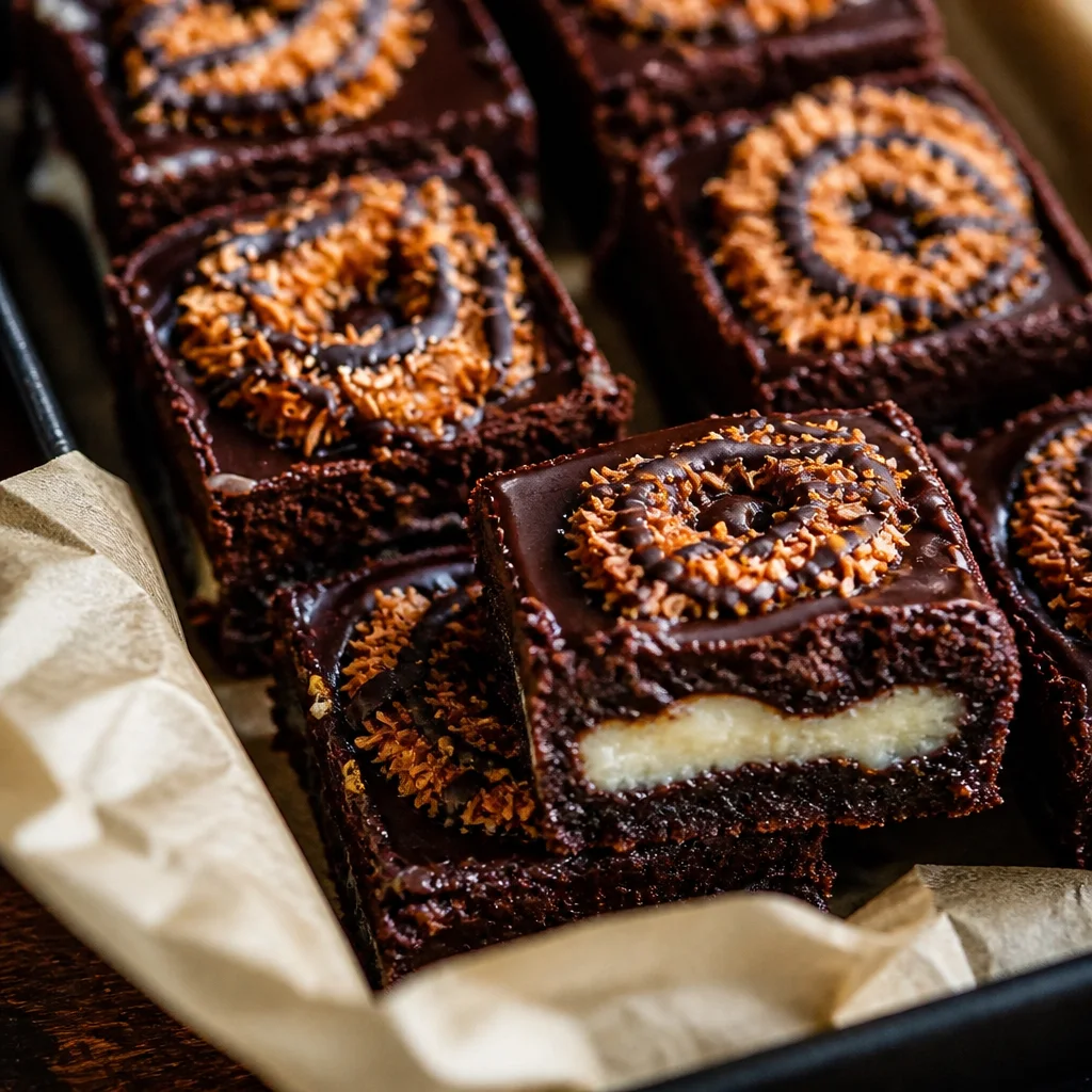 Decadent Samoa Cookie Brownies with layers of caramel, coconut, and chocolate.