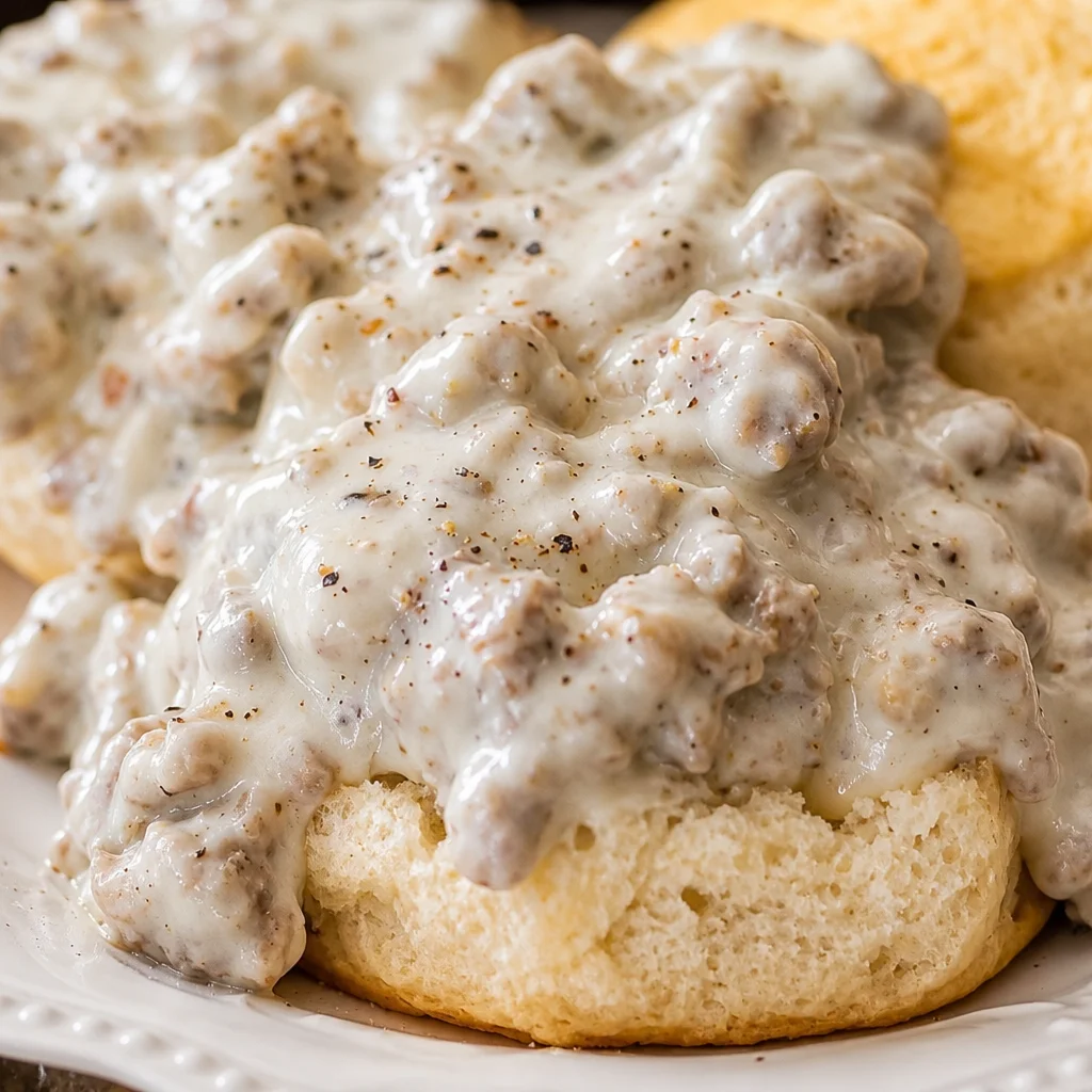 Delicious homemade sausage gravy from scratch served over warm biscuits.
