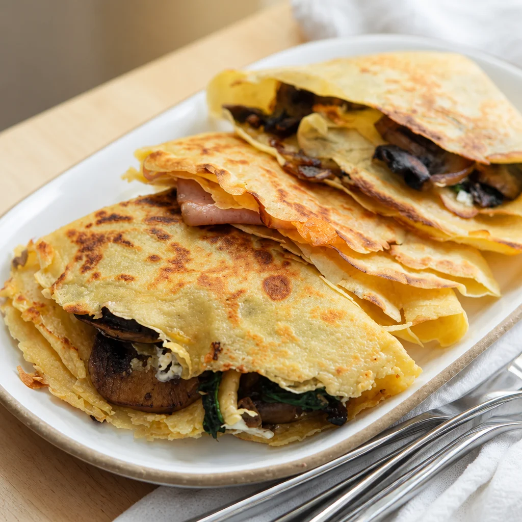 Savory breakfast crepes filled with eggs, veggies, and cheese topped with chives.
