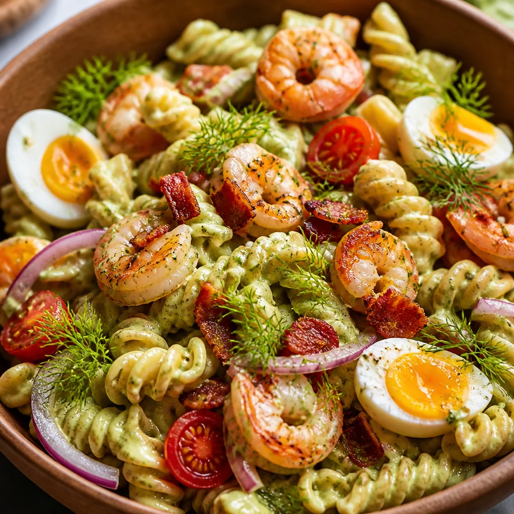 Shrimp and Avocado Pasta Salad with fresh veggies and a tangy dressing