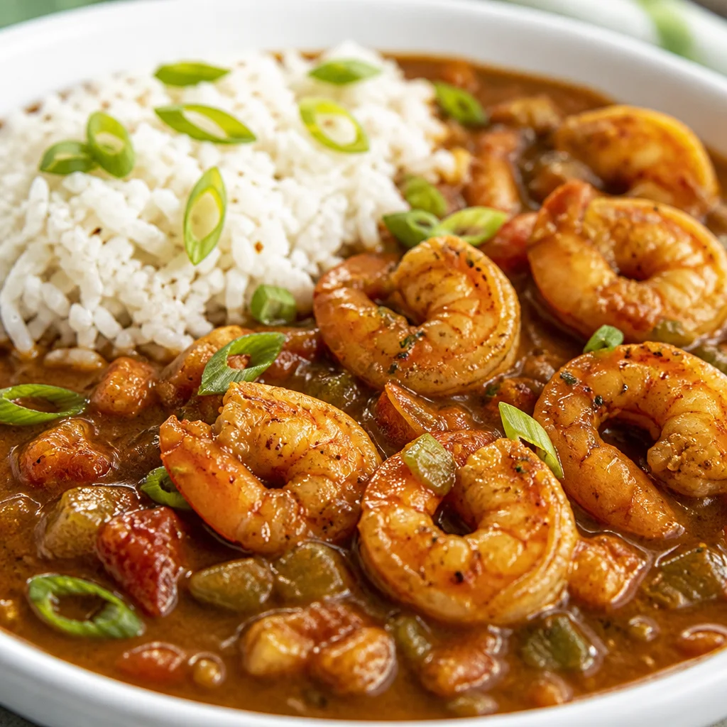Delicious plate of Shrimp Etouffee with a rich, spicy sauce served over rice.
