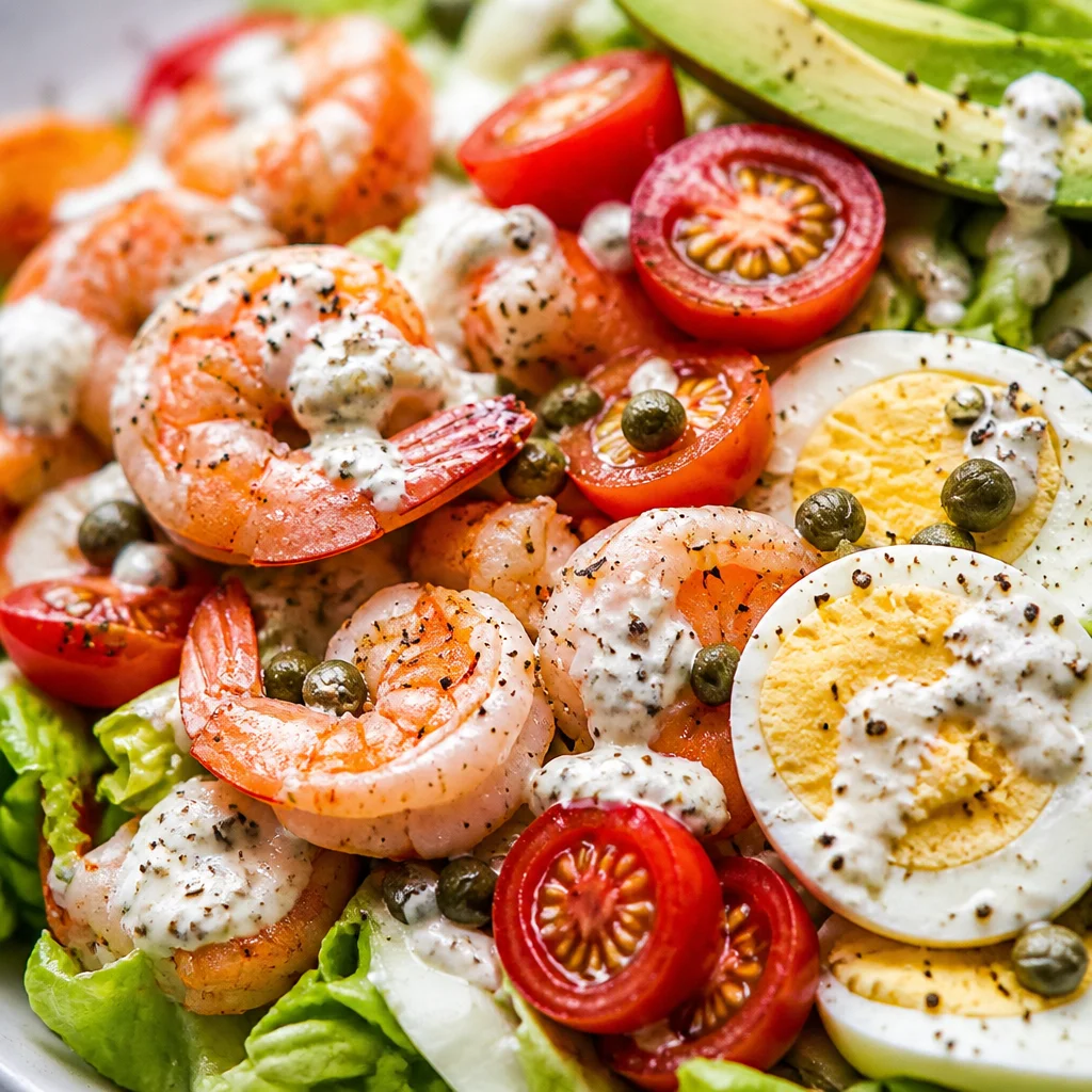 Shrimp Louie Salad with shrimp, avocado, tomatoes, and hard-boiled eggs