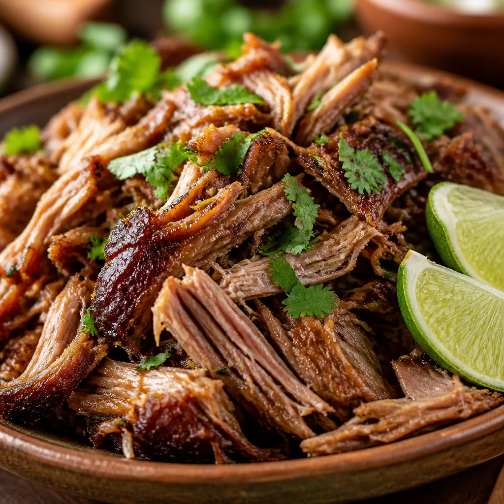 Delicious Slow Cooker Carnitas served in tacos with fresh toppings