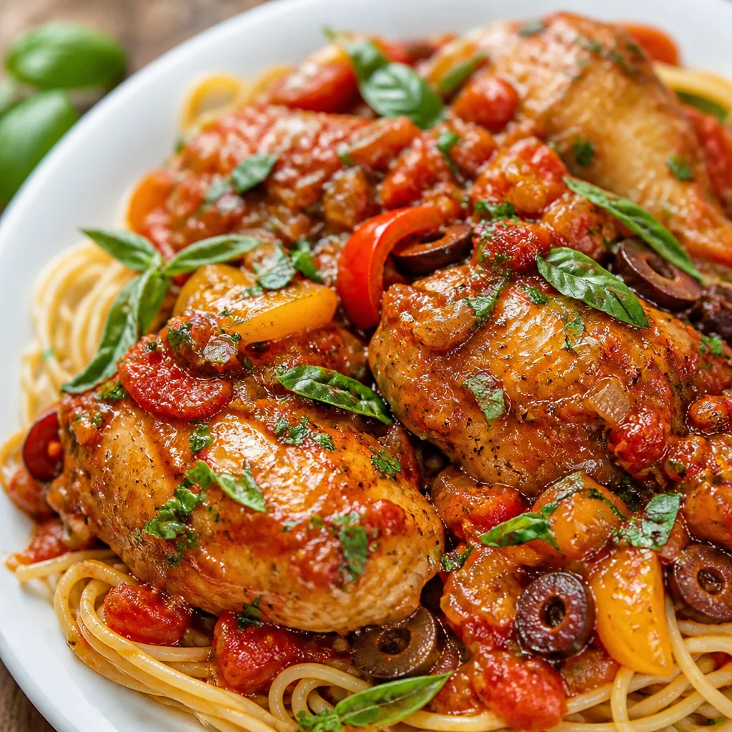Delicious Slow Cooker Chicken Cacciatore with tender chicken and vegetables in tomato sauce