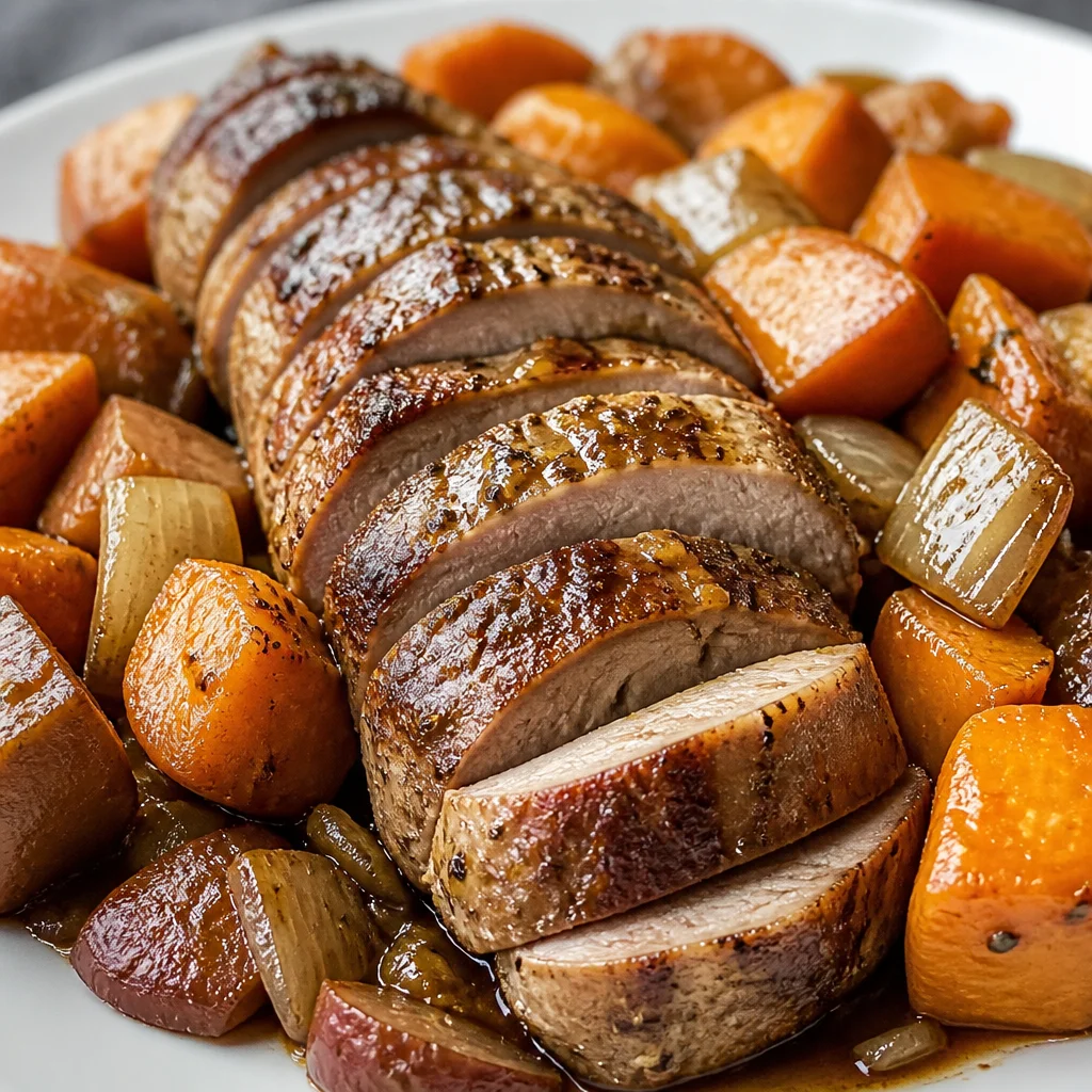 Slow Cooker Pork Tenderloin with Apples and Onions served in a bowl