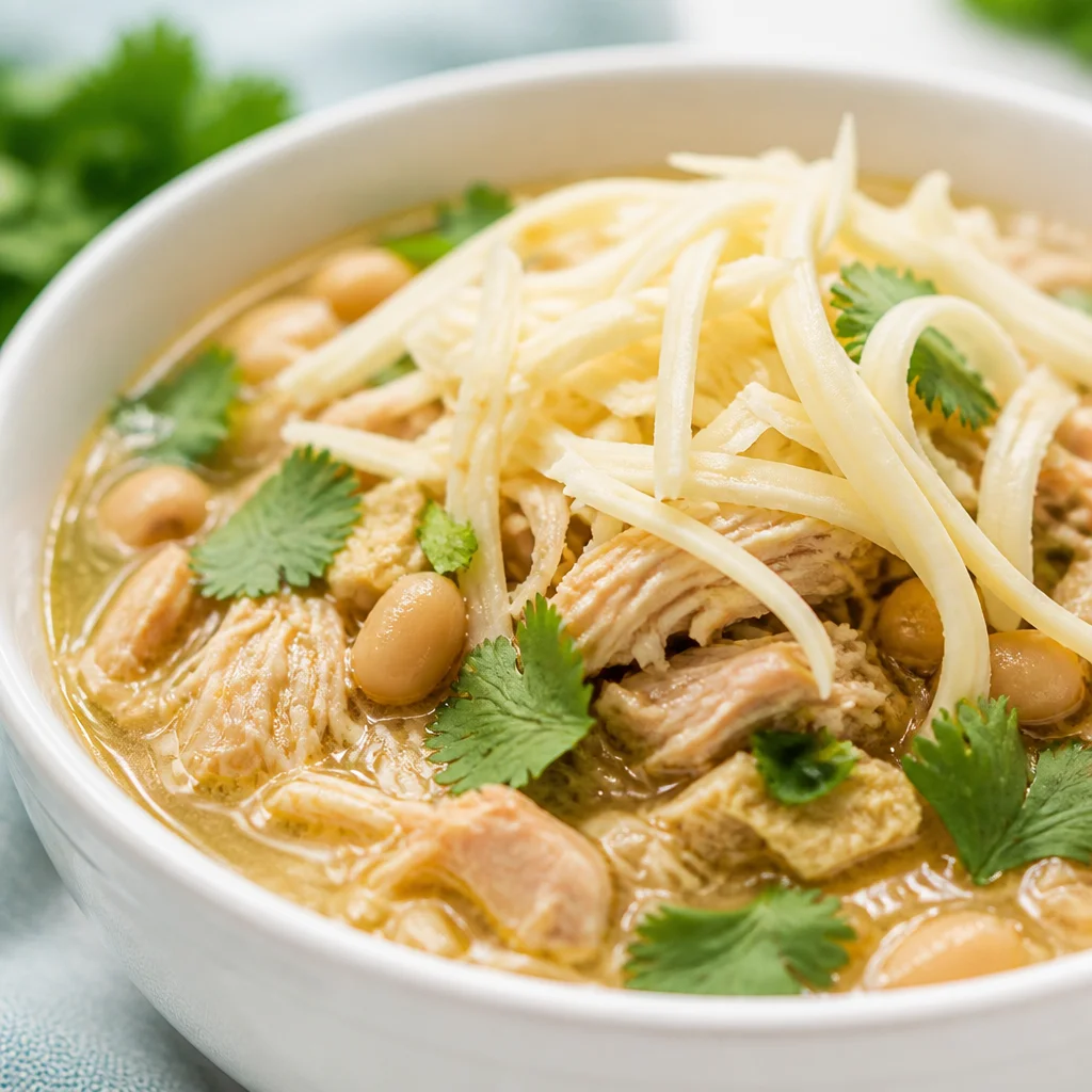 Delicious Slow Cooker White Bean Chicken Stew with chicken, white beans, and spices.