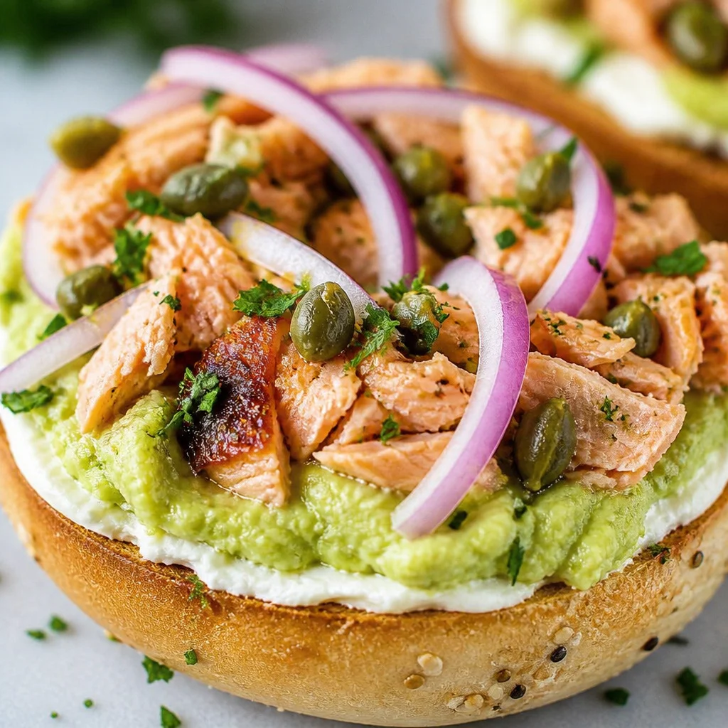 Smoked Salmon Avocado Bagel with cream cheese, capers, and red onion.