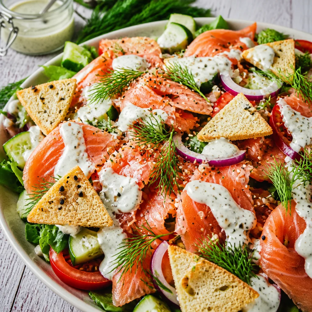 Delicious smoked salmon salad with creamy dressing, fresh vegetables, and bagel chips.