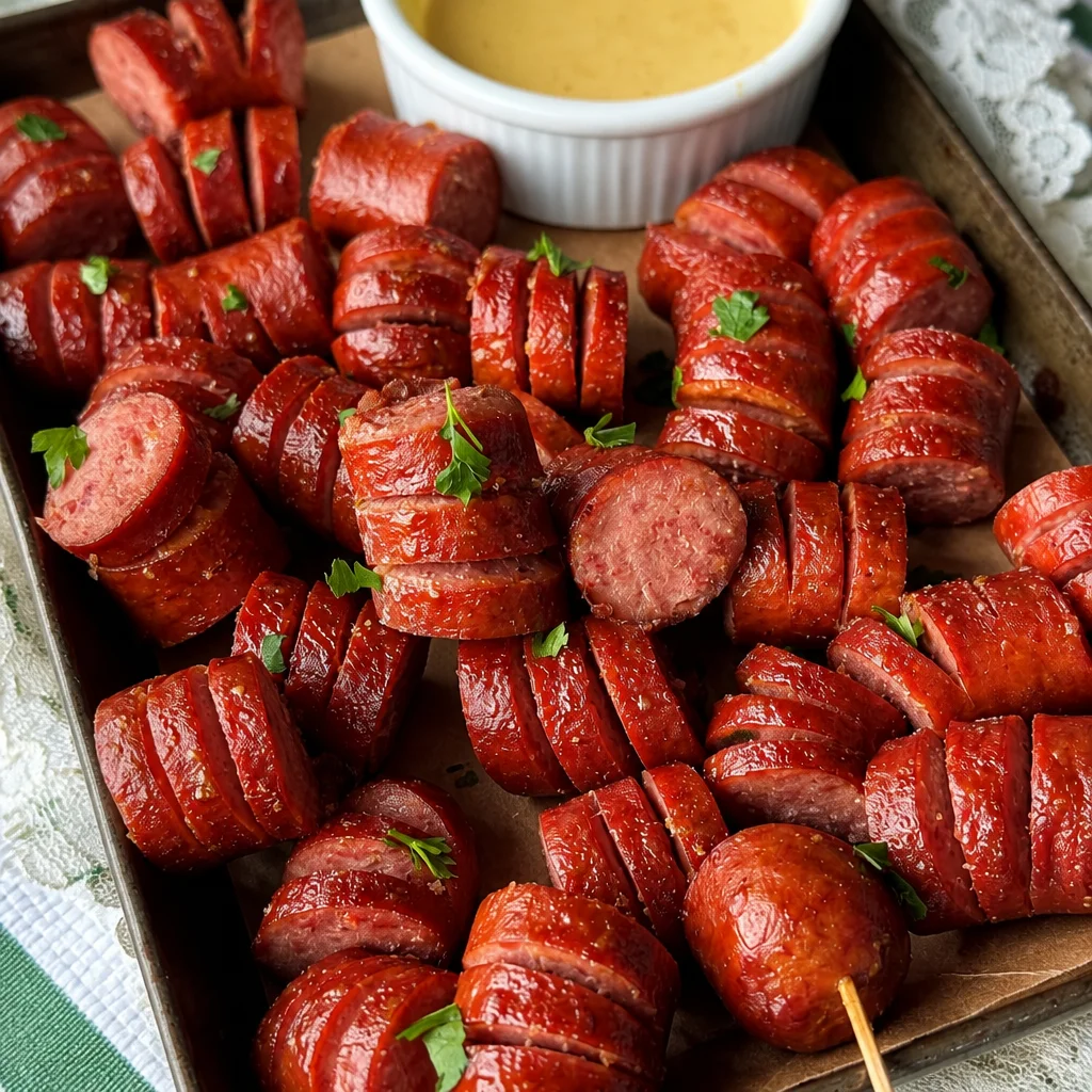 Smoked sausage bites served with a variety of dipping sauces for parties.
