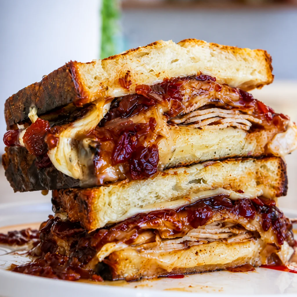 Smoked Turkey and Cranberry Panini with Brie and cranberry sauce, grilled to perfection.