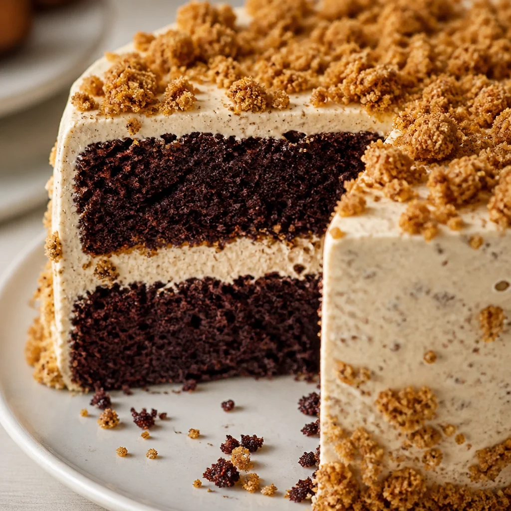 Delicious S'mores Layer Cake with chocolate layers, marshmallow frosting, and graham cracker crust