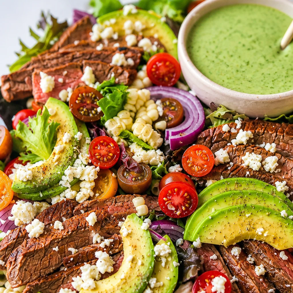 Southwest Steak Salad with Cilantro Lime Dressing topped with grilled steak and fresh veggies.