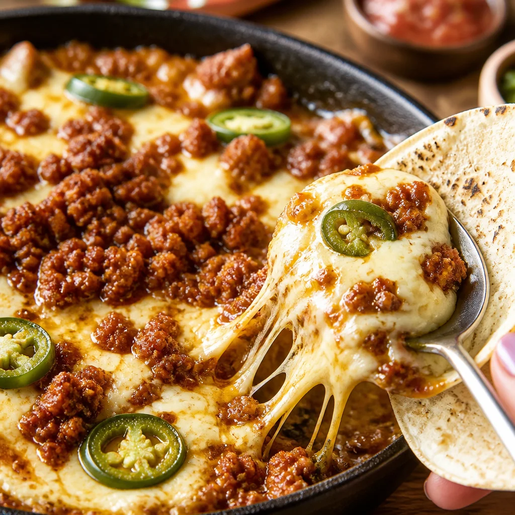 Spicy Queso Fundido with melted cheese, chorizo, and tortilla chips served hot.