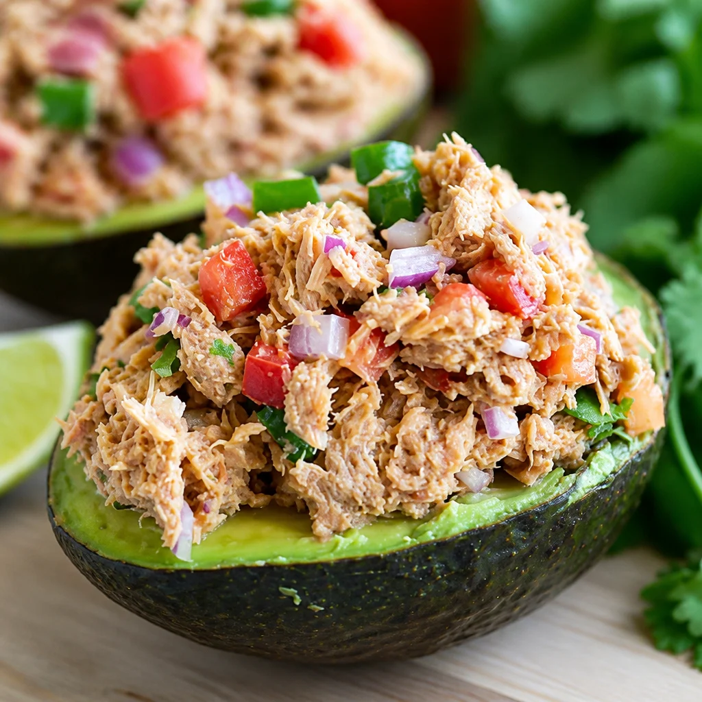 Spicy Tuna Stuffed Avocado with fresh ingredients for a healthy meal.