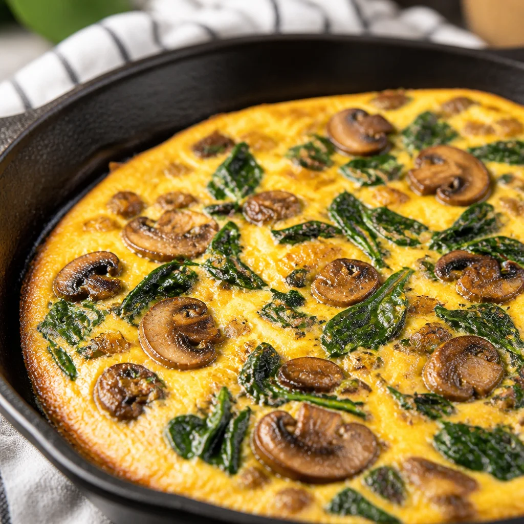 Spinach and Mushroom Frittata with creamy cheese and vibrant vegetables.