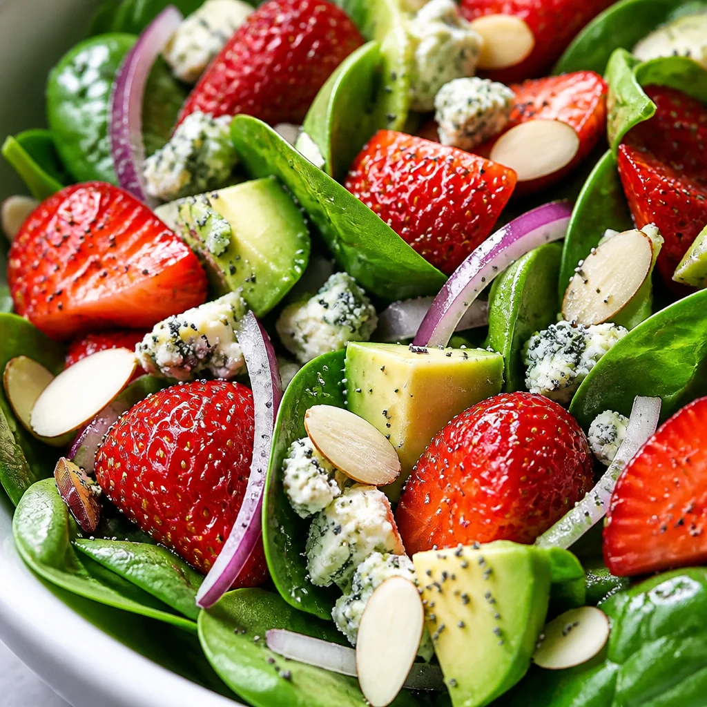 Fresh Spinach and Strawberry Salad with Poppy Seed Dressing topped with nuts and cheese