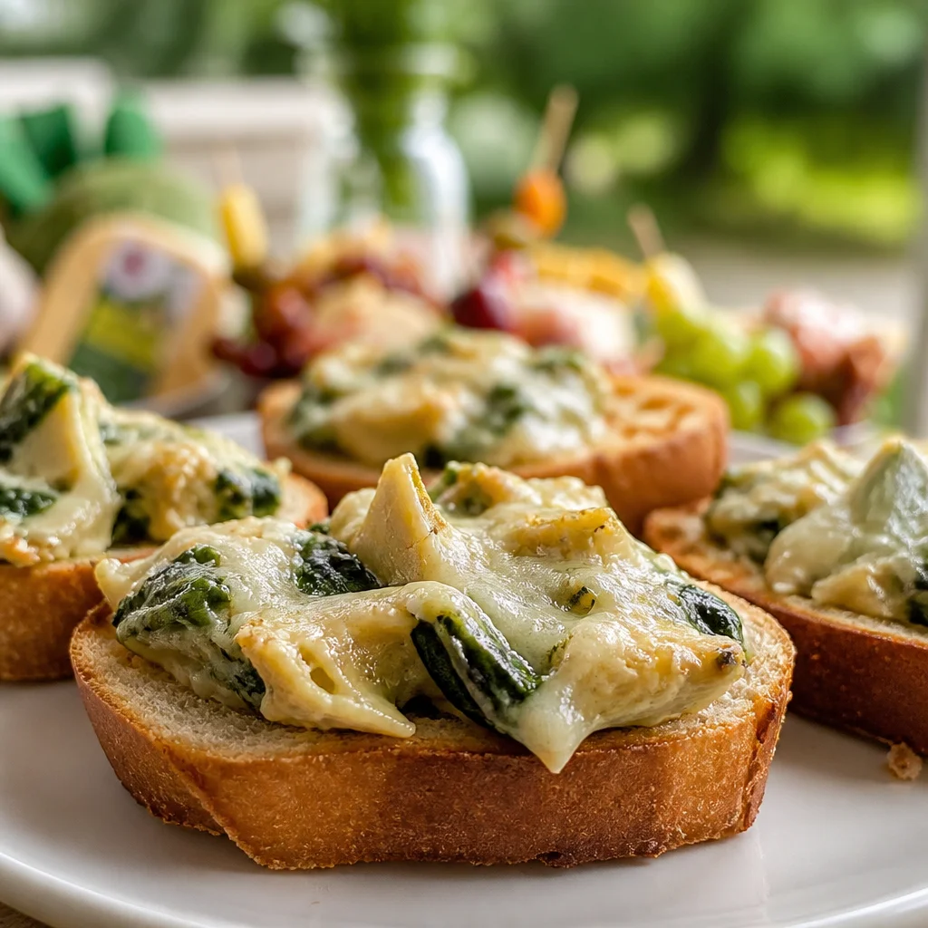 Spinach Artichoke Crostini topped with creamy spread on toasted baguette slices.