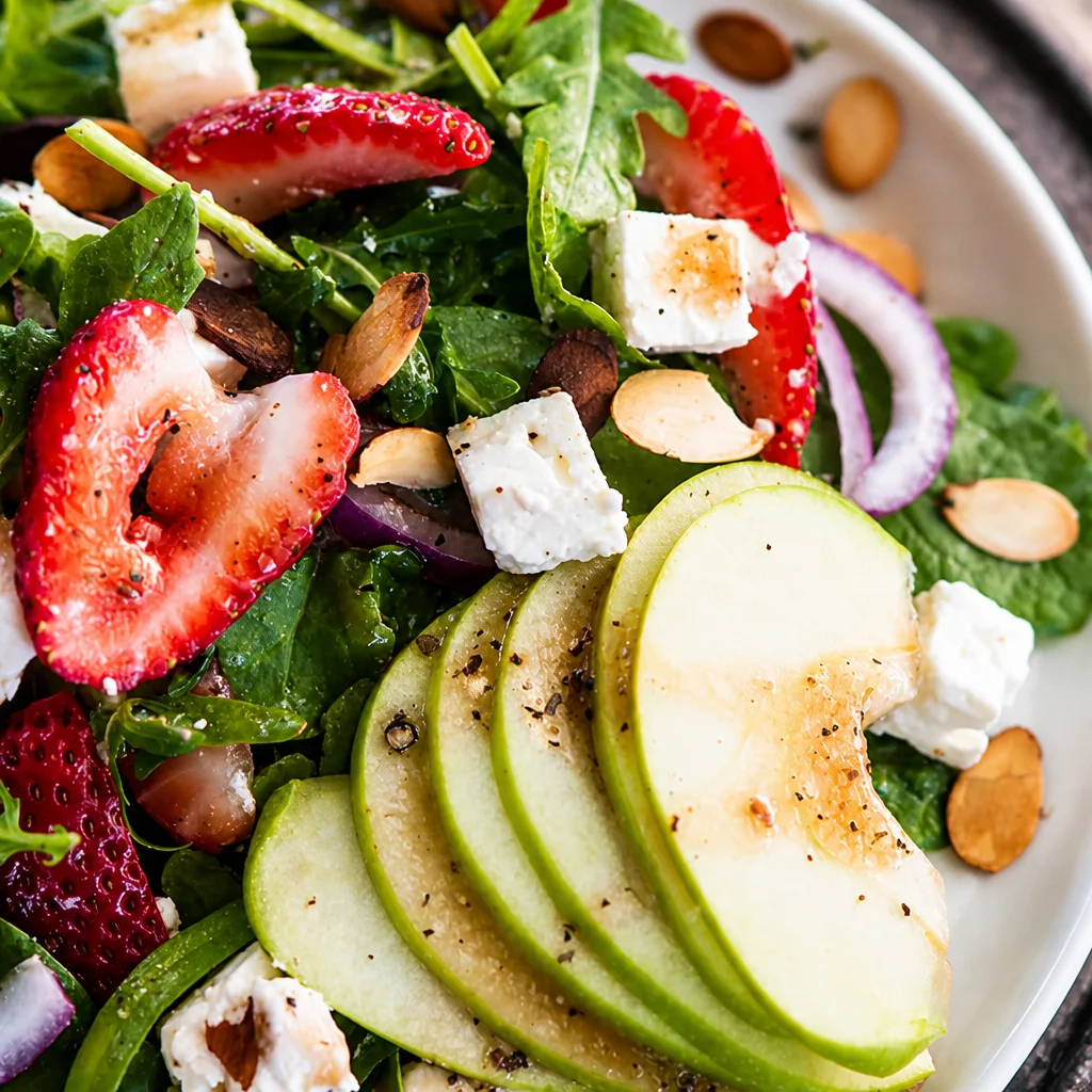 Fresh Strawberry Balsamic Arugula Salad with feta and almonds on a plate