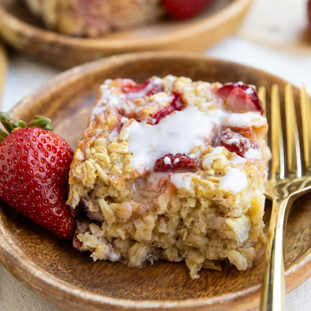 Bowl of Strawberry Banana Baked Oatmeal with sliced strawberries and banana on top