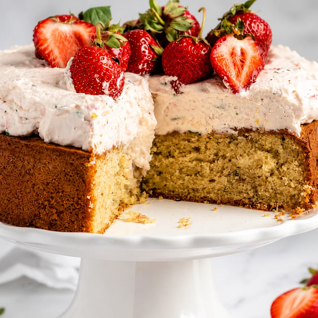 Delicious Strawberry Basil Cake topped with strawberry buttercream and fresh basil.