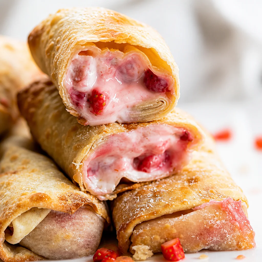 Crispy Strawberry Cheesecake Spring Rolls filled with cream cheese and strawberries