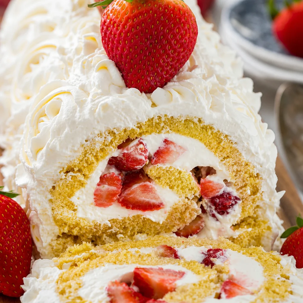 Delicious Strawberry Shortcake Cheesecake Roll filled with strawberries and cream cheese frosting