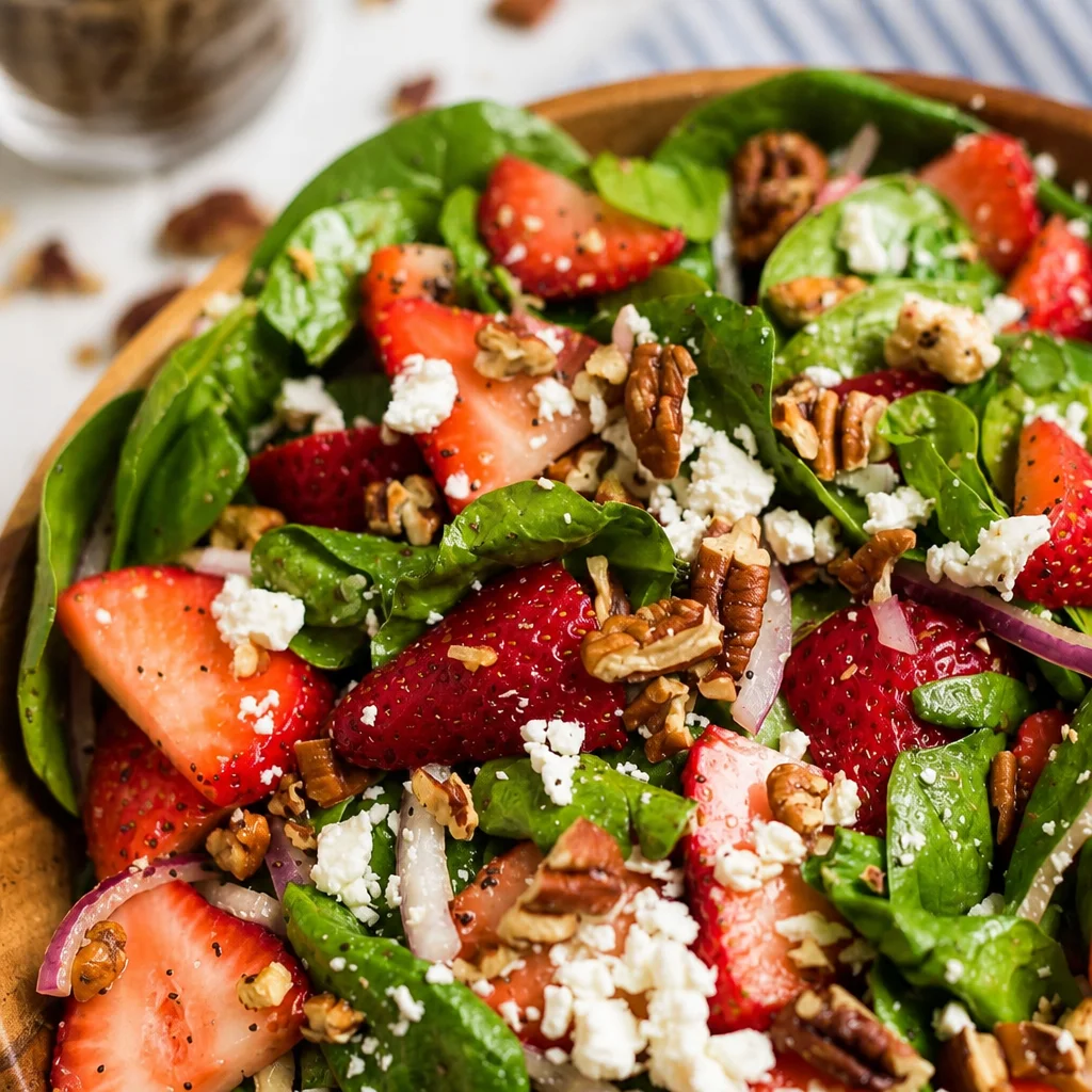 Fresh Strawberry Spinach Salad with Poppy Seed Dressing and almonds