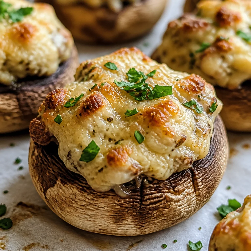 Delicious stuffed mushrooms with cream cheese filling, baked until golden brown.