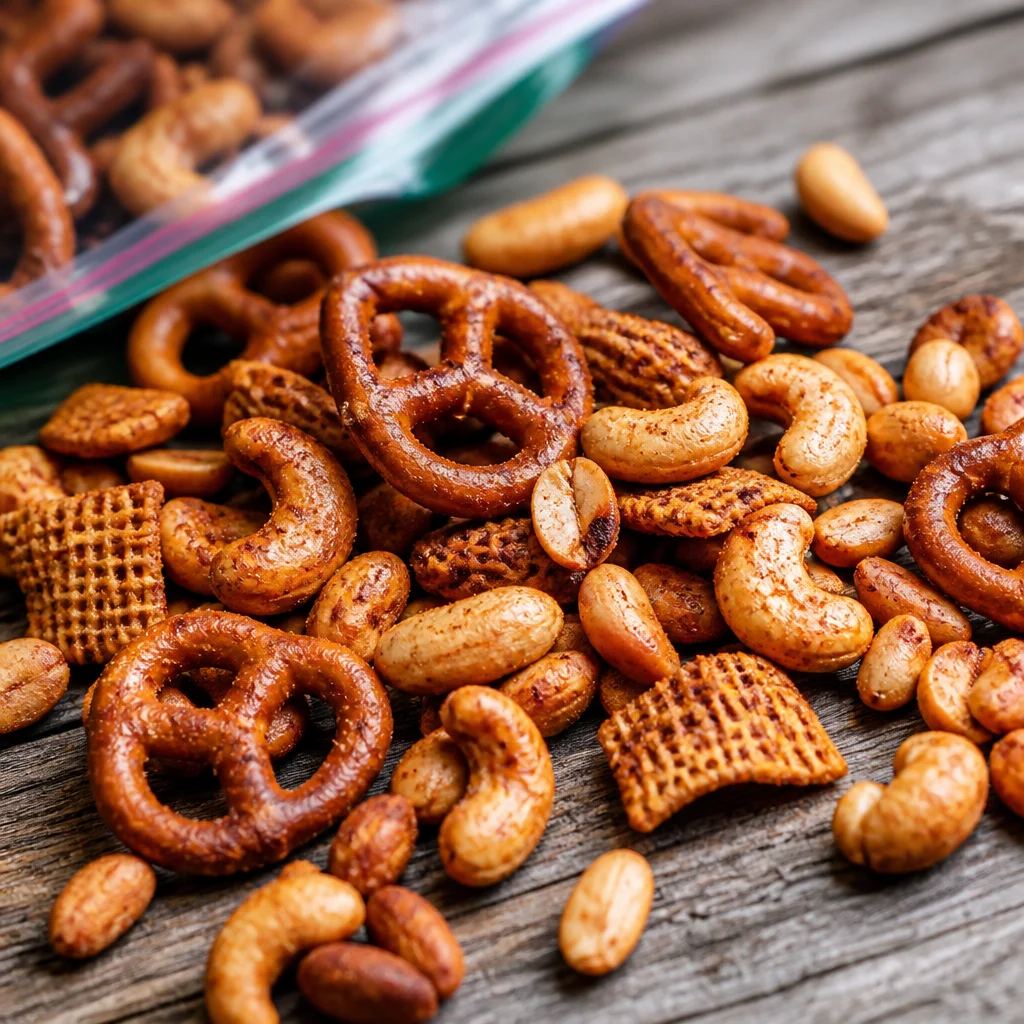 Sweet and Spicy Trail Mix with nuts, pretzels, and delicious sweet seasonings.