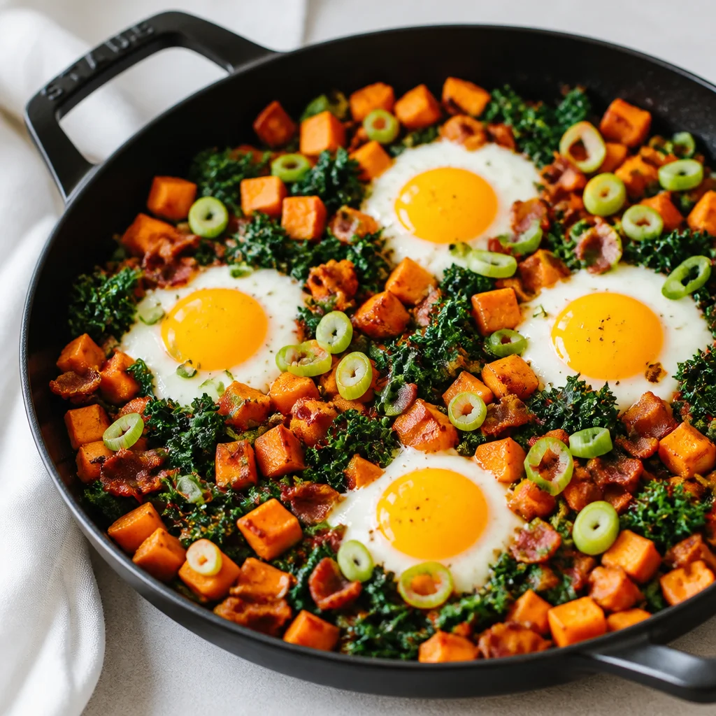 A colorful Sweet Potato Breakfast Hash with eggs, kale, and bell peppers in a skillet.