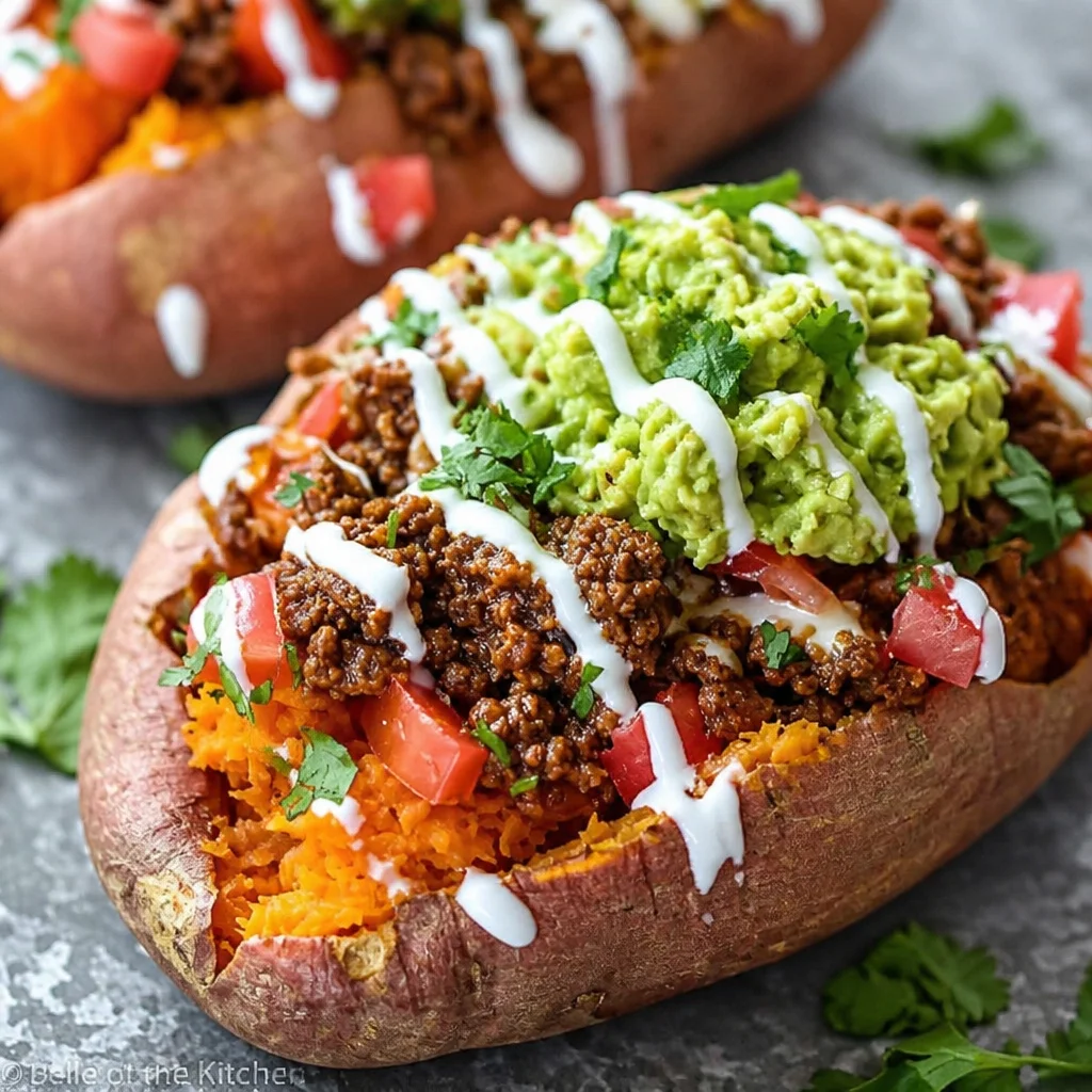 Delicious Taco Stuffed Sweet Potatoes topped with cheese, avocado, and salsa.