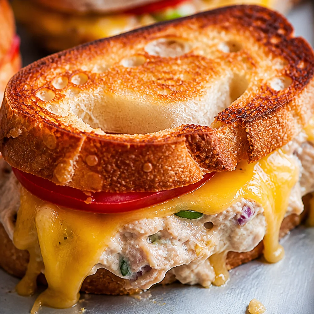 Delicious Tuna Melt on Sourdough with creamy tuna salad and melted cheese
