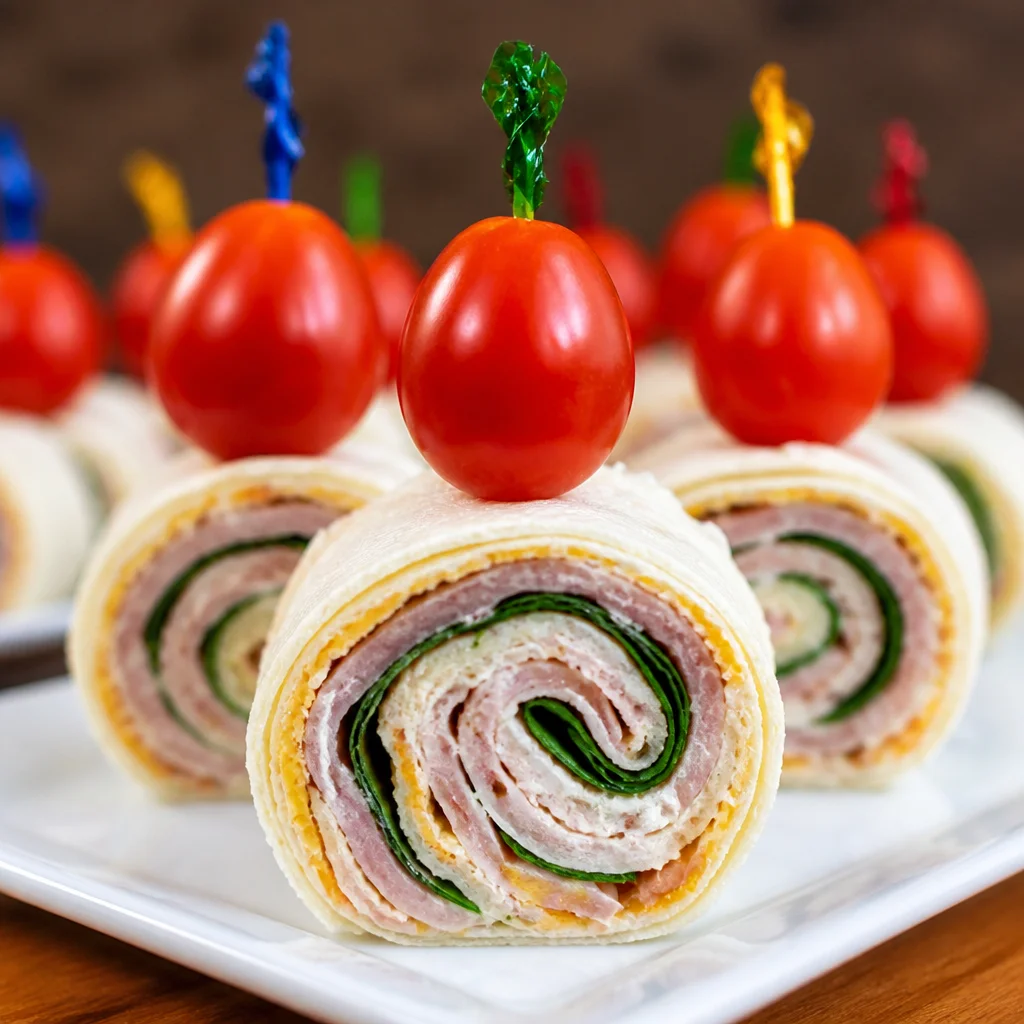 Turkey Club Pinwheels rolled with turkey, cheese, veggies, and ranch spread.