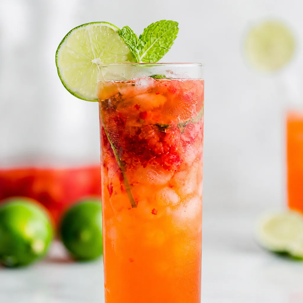 Refreshing Virgin Strawberry Mojito mocktail with strawberries, mint, and lime