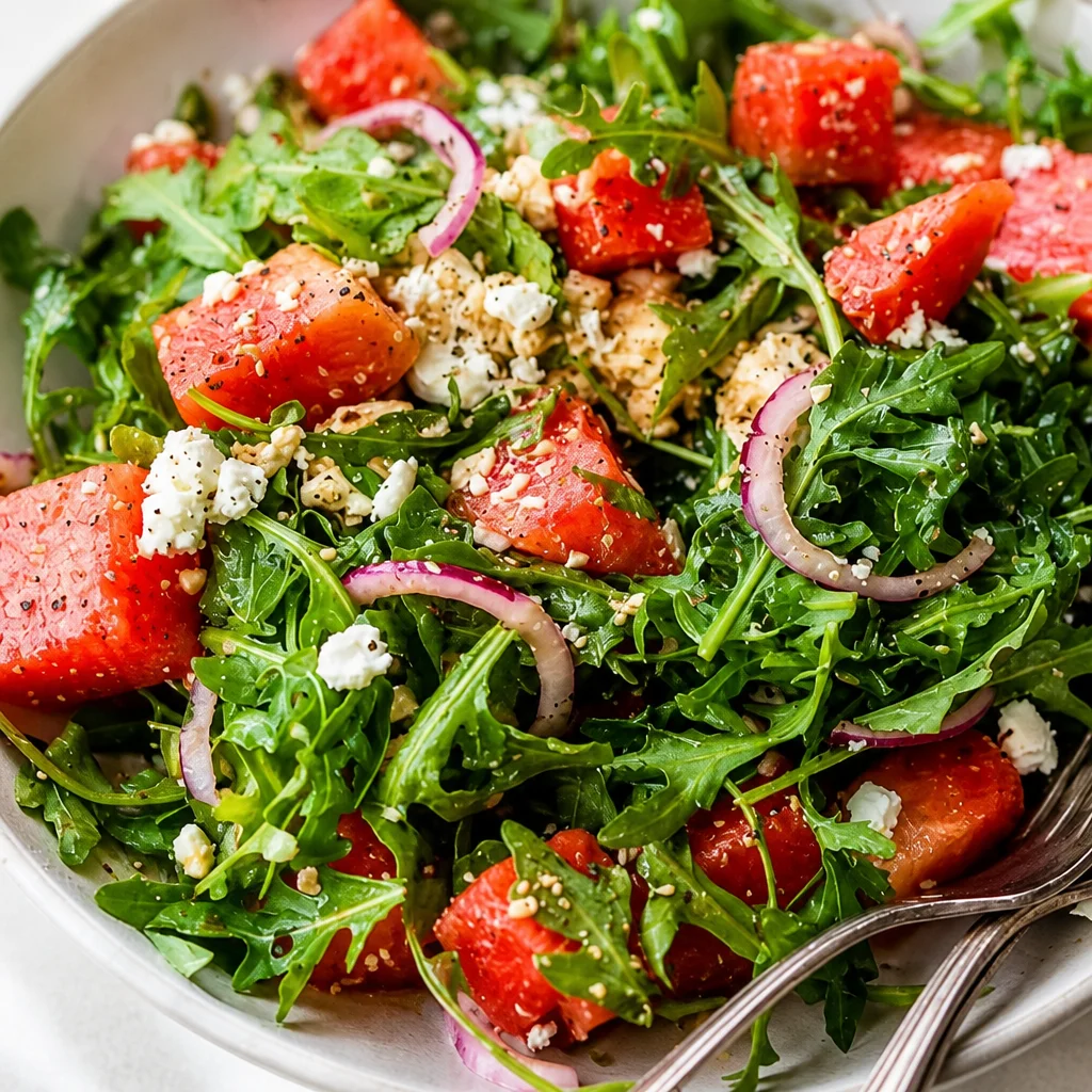 Delicious Watermelon Arugula Salad with Feta, a refreshing summer dish.