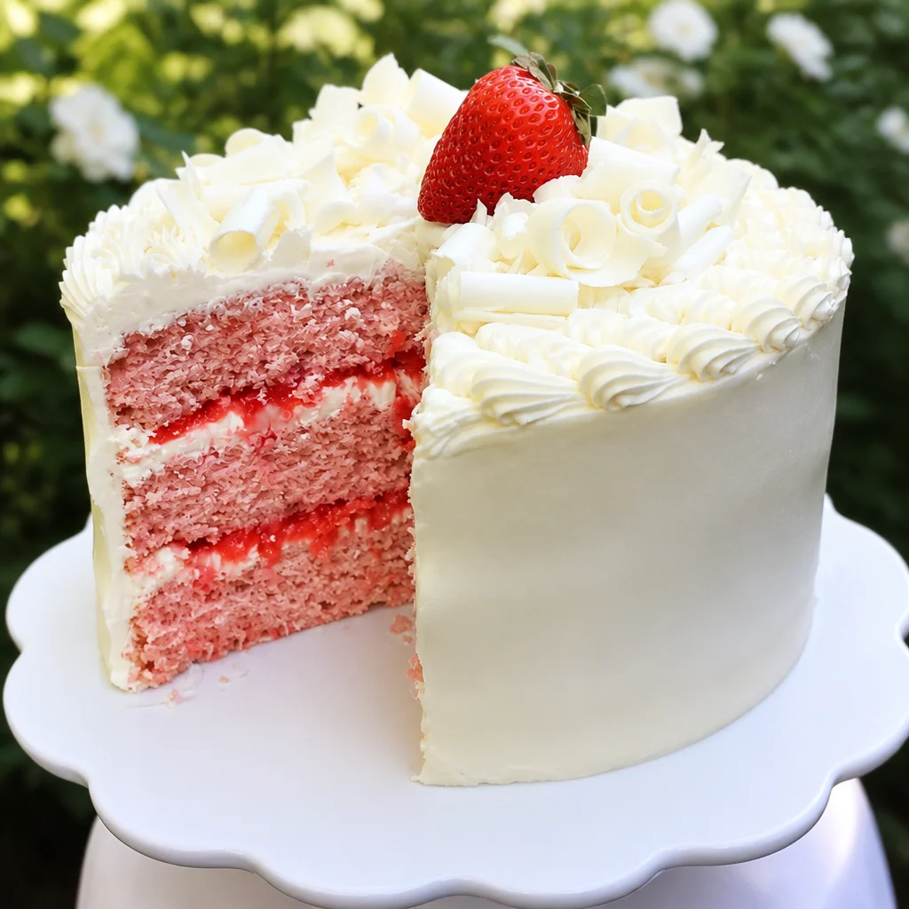 Delicious White Chocolate Strawberry Cake with fluffy layers and rich mousse.
