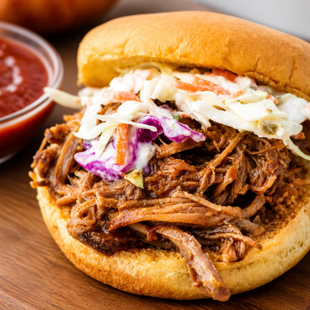 Delicious slow cooker apple cider pulled pork ready to serve with seasonal flavors